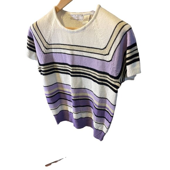 Carolyn Taylor Essentials White Violet Striped Short Sleeve Crew Neck Top SZ M - Picture 4 of 7